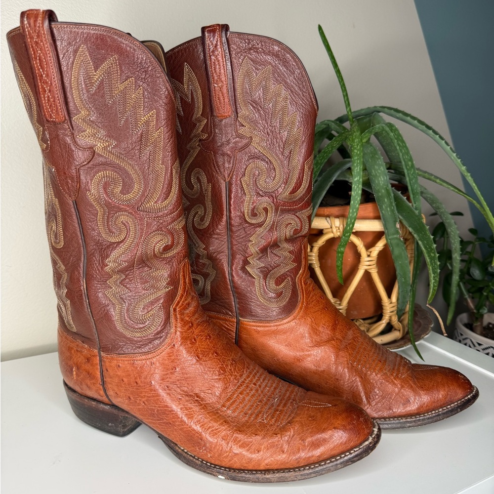 Lucchese Ostrich Leather Cowboy Boots Mens 9D Brown Western Ranch USA Made - Picture 1 of 13